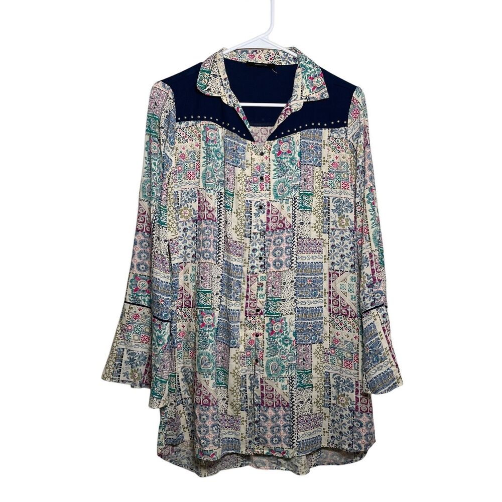 Madame Blouse Women's XL Button Up Artsy Boho Printed Flare 3/4 Sleeve Top